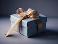 beautifuly wrapped blue gift box with golden ribbon. ai generative