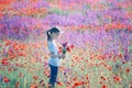 Beautiul girl holding big bouquet with poppies