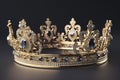 Beautuful shiny crown with medieval ornament and jeewelry. Ancient king or quenn crown. Generated AI.