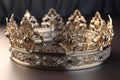 Beautuful shiny crown with medieval ornament and jeewelry. Ancient king or quenn crown. Generated AI.