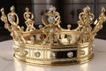 Beautuful shiny crown with medieval ornament and jeewelry. Ancient king or quenn crown. Generated AI.