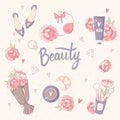 Beauty set of elements with peony flowers