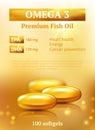 Beauty ads background. Golden oil capsule premium design template with molecules vitamin e or collagen vector realistic