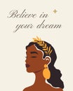 Beauty Afro boho woman portrait with motivational phrase drawn poster template vector flat