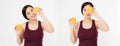 Beauty asian japanese woman hold Oranges.Beauty concept. Beautiful Joyful teen girl with freckles, funny red hairstyle and yellow Royalty Free Stock Photo