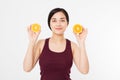 Beauty asian japanese woman hold Oranges.Beauty concept. Beautiful Joyful teen girl with freckles, funny red hairstyle and yellow