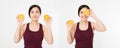 Beauty asian japanese woman hold Oranges.Beauty concept. Beautiful Joyful teen girl with freckles, funny red hairstyle and yellow Royalty Free Stock Photo