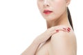 Beauty asian red lipstick woman nail polish finger on shoulder Royalty Free Stock Photo