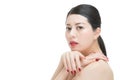 Beauty asian red lipstick woman nail polish finger on shoulder Royalty Free Stock Photo