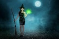Beauty Asian Witch Woman With Magic Spell And Flying Broom