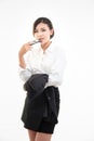 Beauty asian woman dress white shirt undress suit hand hold glasses isolate on white background