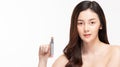 Beauty asian woman hold bottle cosmetic cream lotion and cheerful