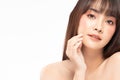 Beauty asian women  touching soft chin portrait face with natural skin and skin care healthy hair and skin close up face beauty Royalty Free Stock Photo