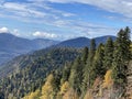 the beauty of an autumn forest, majestic mountains, blue skies and fluffy clouds