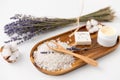 Bath salt, lavender soap and body butter on tray Royalty Free Stock Photo