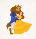 Beauty and Beast dancing waltz. Young woman and bewitched creature from magic tale. Adorable fairytale characters