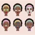 Black girl cares her face with various actions, applies different masks, set of separated illustrations