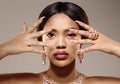 Beauty black skin woman African Ethnic female face. Luxury Young african american model with jewelry, earrings and ring