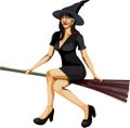 Beauty Black Witch Flying With Broom