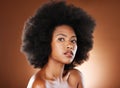 Beauty, black woman with natural hair and skincare portrait, cosmetic advertising and wellness with studio background