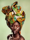 Beauty, black woman and queen makeup with African head wrap and pride with fashion. Isolated, green background and young Royalty Free Stock Photo