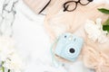 Beauty blog banner mockup with trendy feminine accessories. Flat lay instant film camera, glasses, purse, pastel pink woman scarf