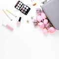 Beauty blog concept flat lay. Fashion accessories, flowers, cosmetics, jewelry, copyspace. Royalty Free Stock Photo