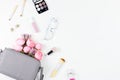 Beauty blog concept flat lay. Fashion accessories, flowers, cosmetics, jewelry, copyspace. Royalty Free Stock Photo