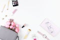 Beauty blog concept flat lay. Fashion accessories, flowers, cosmetics, jewelry, copyspace. Royalty Free Stock Photo