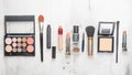 Beauty blog fashion concept. Female accessories style: cosmetics, on a white background. Flat lay, top view fashionable female