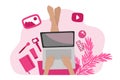 A beauty blogger girl makes a makeup tutorial video while sitting on the floor. Vector illustration in a flat style for use in web Royalty Free Stock Photo