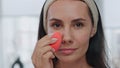 Beauty blogger preparing makeup indoors pov video. Woman enjoying daily visage Royalty Free Stock Photo