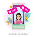 Beauty Blogger Showing Latest Makeup Trend Tutorials vector icon. Cute Girl Female blogger makes a fashion video content