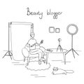 Beauty blogger. Young man records video. Makeup artist reviews cosmetics on his blog. Hand drawn vector illustration in Royalty Free Stock Photo