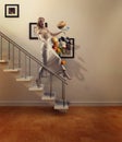 Beauty blond woman walking down stairs drops food