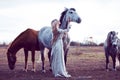 Beauty blondie with horse in the field, effect of toning Royalty Free Stock Photo