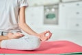 The beauty of body and mind. Close up of hand of relaxed hispanic teenage girl in sportswear practicing yoga, meditating Royalty Free Stock Photo