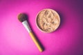 Beauty box, crumbly matte mineral powder with a special brown beautiful wooden brush from natural nap for makeup Royalty Free Stock Photo