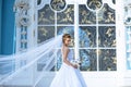 Beauty bride in bridal gown with bouquet and lace veil in the nature Royalty Free Stock Photo