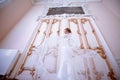 Beauty bride in bridal gown with lace veil indoors