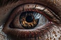 Close-up portrait of a brown eye with visible oil on the lashes and surrounding skin