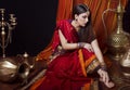 Beauty brunette Indian woman portrait. Hindu model girl with brown eyes. Indian girl in sari. Royalty Free Stock Photo