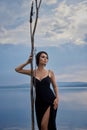 Beauty brunette woman in a black dress poses in a sea lake against a blue sky background. Long hair sexy woman and beautiful Royalty Free Stock Photo