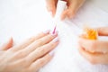 Beauty and Care. Manicure Master Applying Nail Polish in Beauty Salon. Beautiful Women`s Hands with Perfect Manicure. Spa Manicur