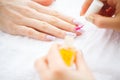 Beauty and Care. Manicure Master Applying Nail Polish in Beauty Salon. Beautiful Women`s Hands with Perfect Manicure. Spa Manicur
