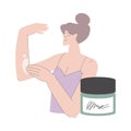 Beauty Care with Young Woman Apply Lotion or Cream on Hand Vector Illustration Royalty Free Stock Photo