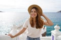 Beauty carefree girl climbs stairways of Balcon del Mediterraneo, Benidorm, Alicante, Spain Royalty Free Stock Photo