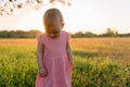 Beauty child girl in outdoor with sunset tones. Cute baby in pink dress in park