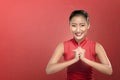 Beauty chinese woman with cheongsam dress and hand gesture Royalty Free Stock Photo