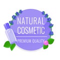 Beauty circle banner with lavender flowers, leaves, berry and cosmetic bottle. Natural cosmetic concept